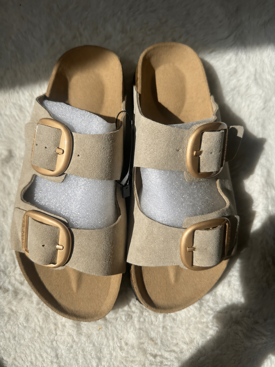 Mules femme beige à doubles boucles dorées – Taille 38