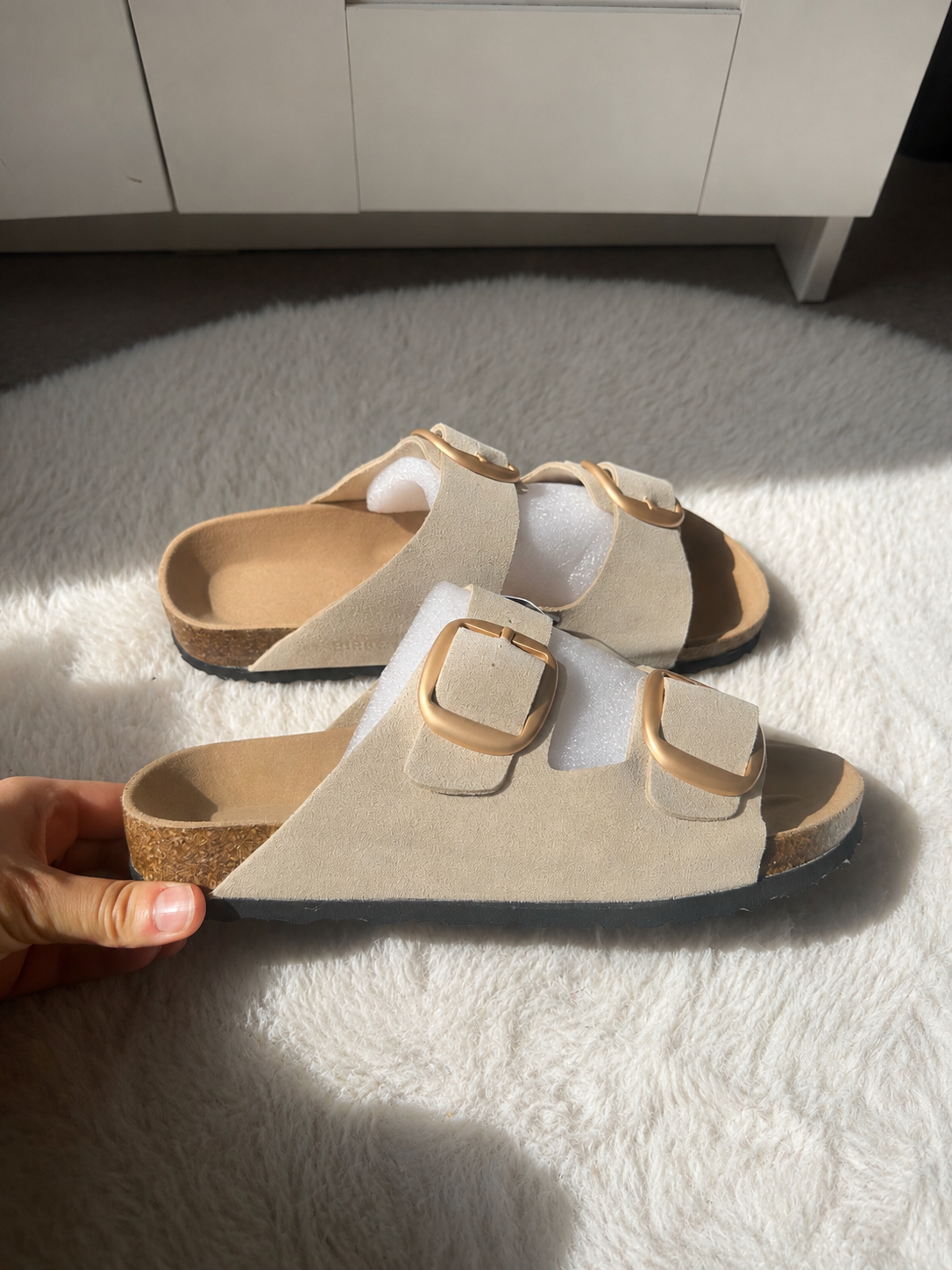 Mules femme beige à doubles boucles dorées – Taille 38
