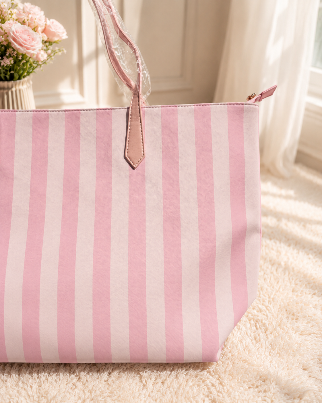 Grand sac cabas rose et blanc rayé – Sac fourre-tout femme