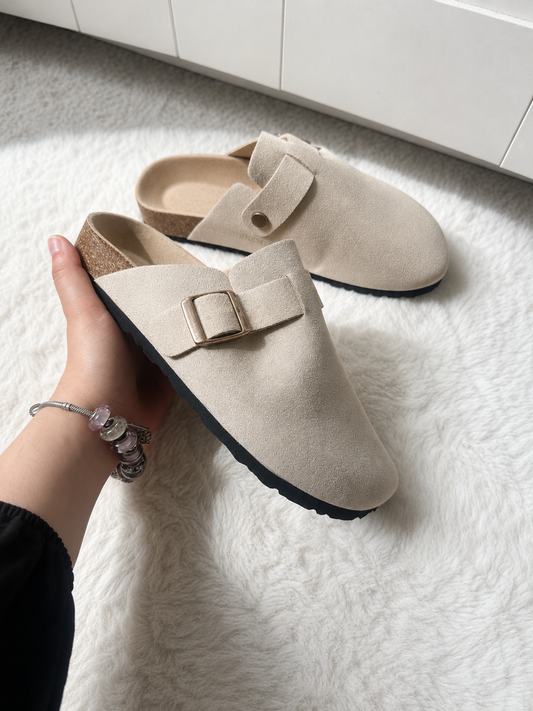 Mules femme beige à boucle