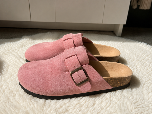 Sabots femme roses en suédine à boucle – Taille 38