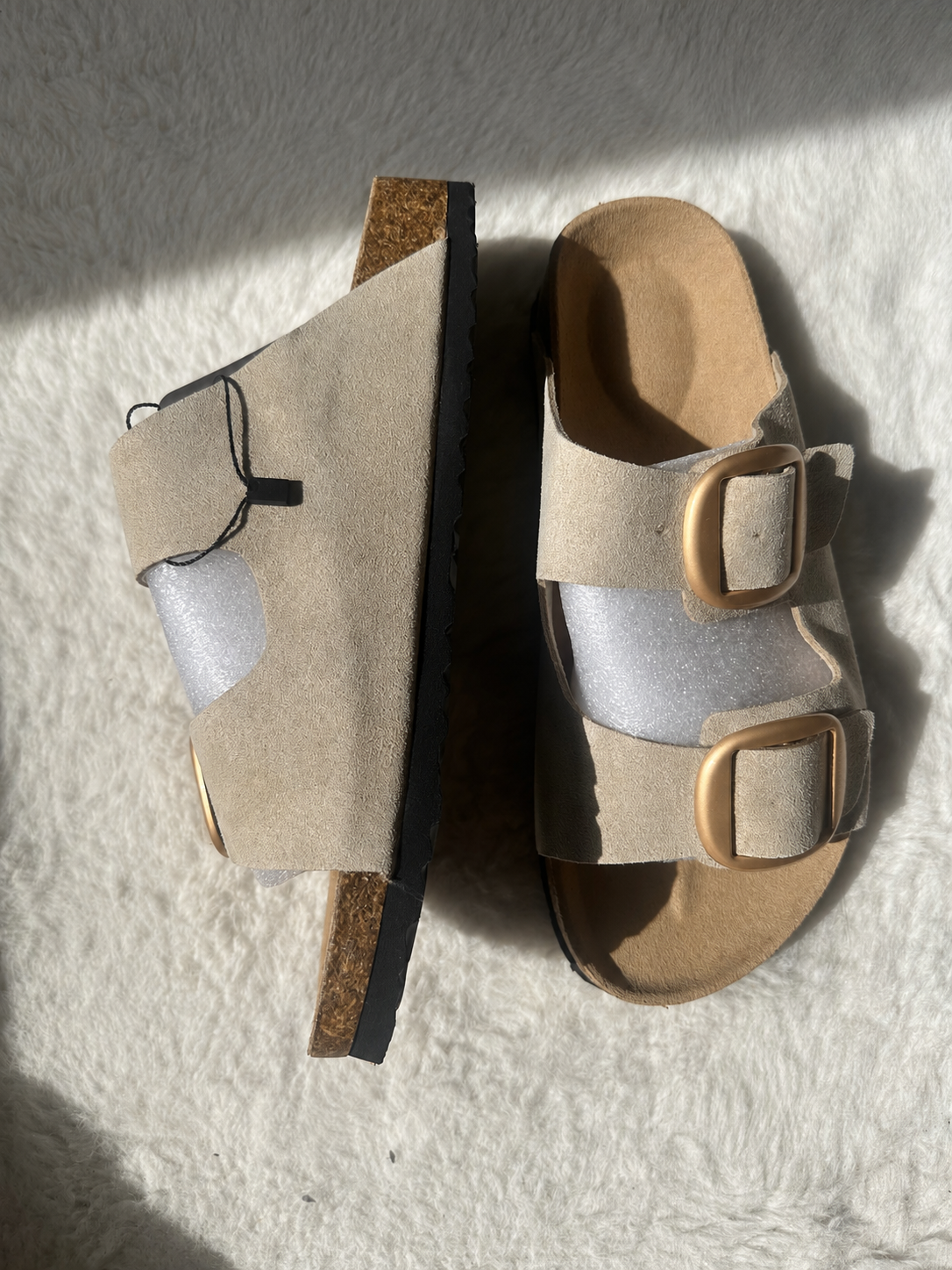 Mules femme beige à doubles boucles dorées – Taille 38