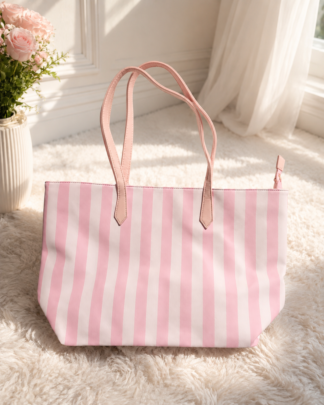 Grand sac cabas rose et blanc rayé – Sac fourre-tout femme